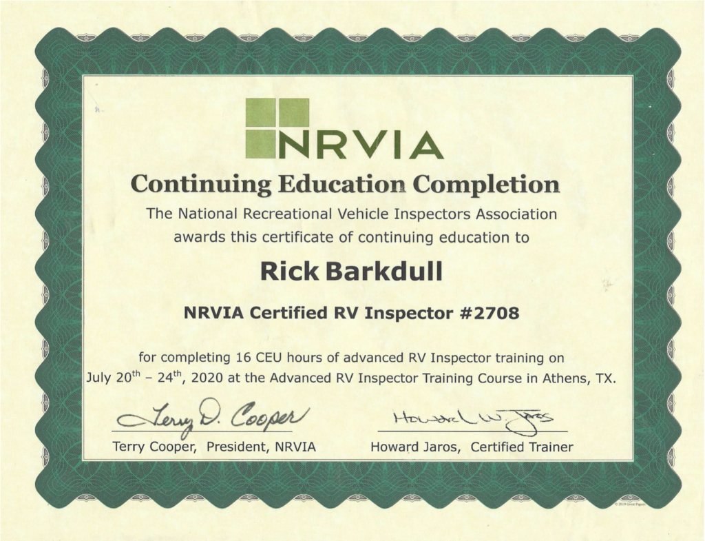 NRVIA Certified RV Inspector CEU Certificate