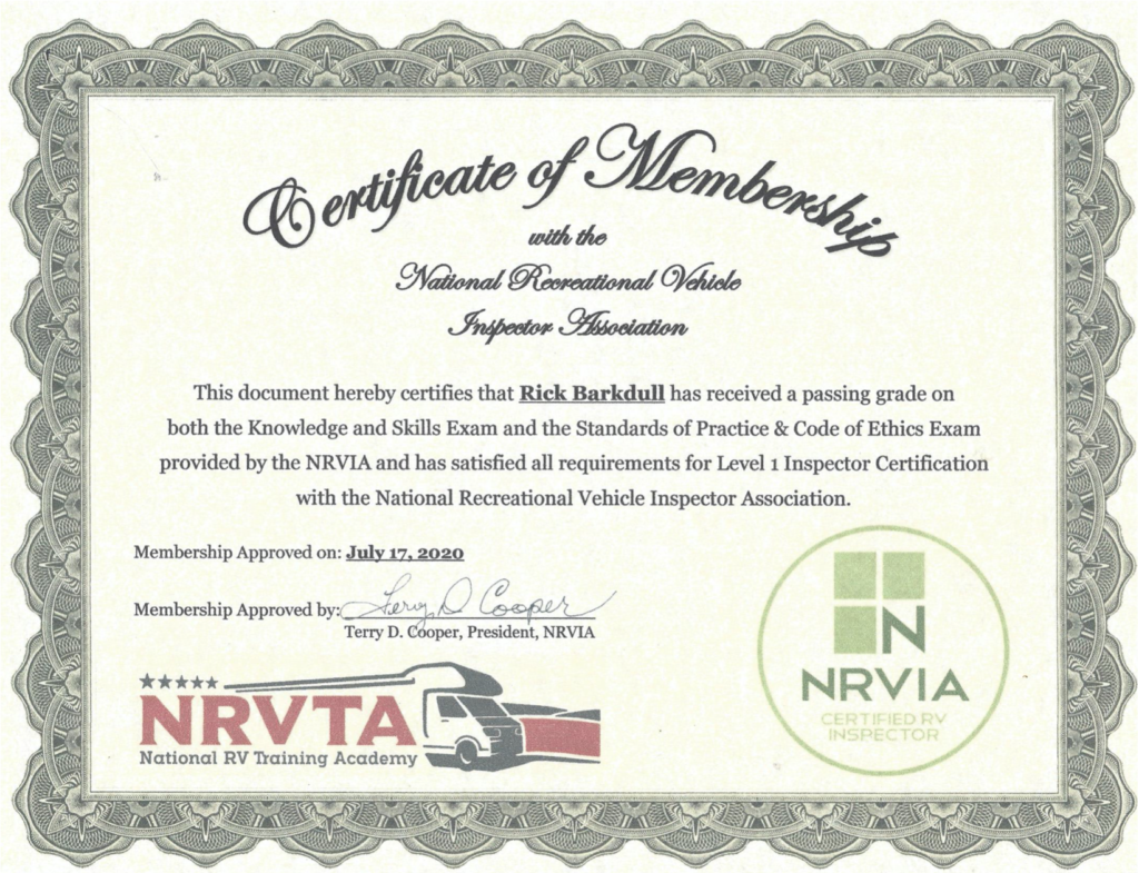 NRVIA Level 1 Inspector Certificate